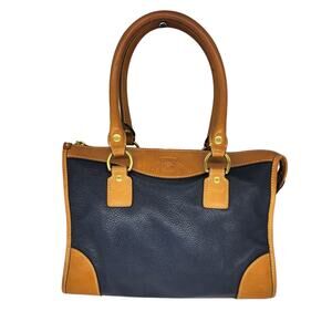 Vintage Ghurka Bag Navy Blue Leather Cognac Purse Checkered Plaid Gold